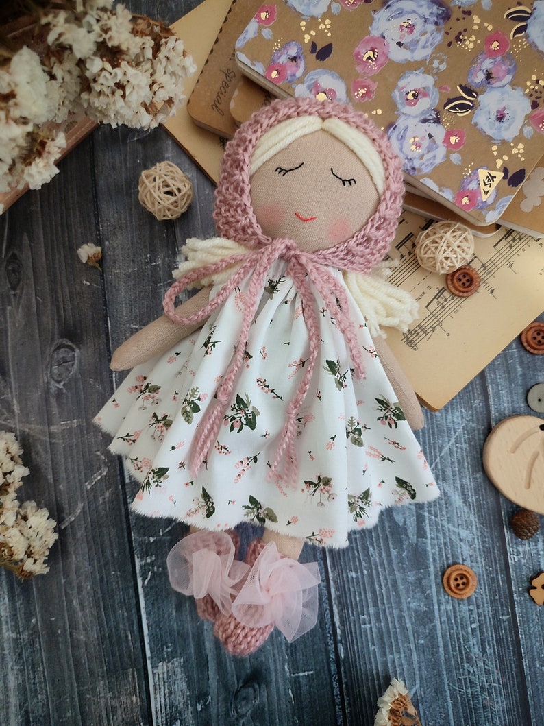 Cute baby's first Christmas gift doll, Handmade fabric doll personalized, Rag doll girl with dress, bonnet and socks image 3