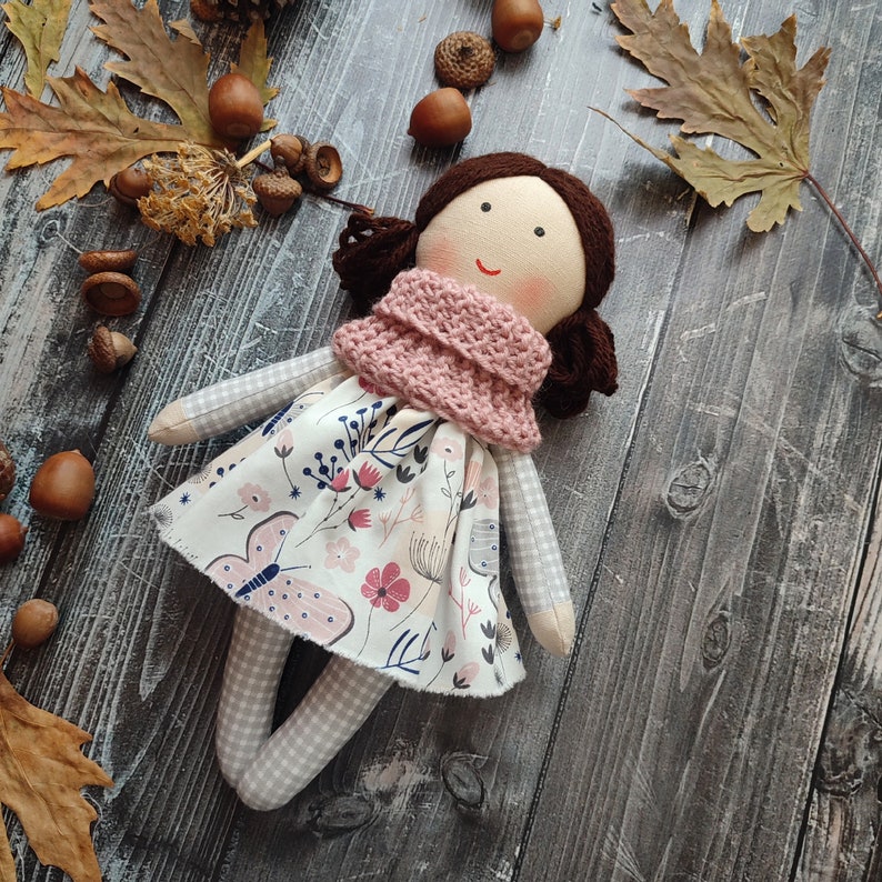 Dark brown hair rag doll girl Handmade first baby doll Textile toddler doll 12 Christmas gift doll for little girls image 5