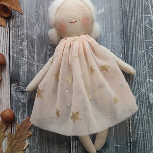 Personalised rag doll with white hair and white eyelashes Handmade fabric doll girl with tulle dress Toddler textile doll image 6