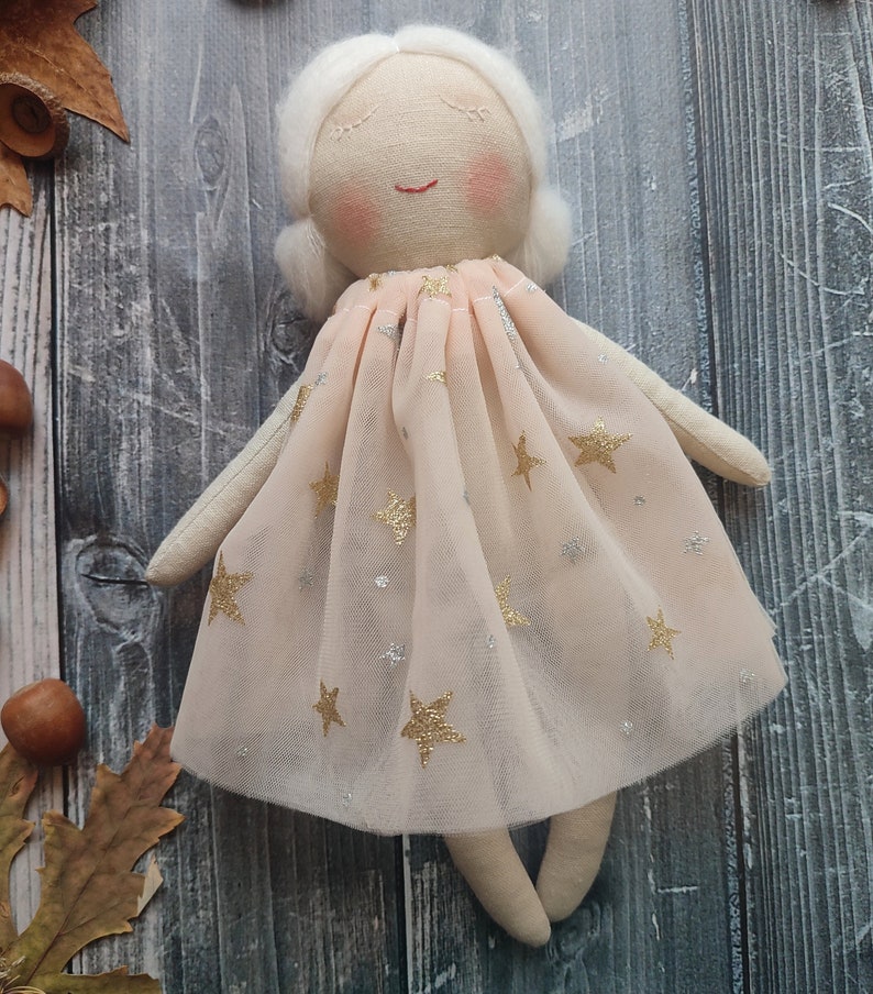 Personalised rag doll with white hair and white eyelashes Handmade fabric doll girl with tulle dress Toddler textile doll image 6