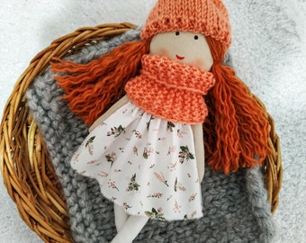 Textile first rag doll 12" Heirloom cloth doll girl with red hair Fabric soft doll Birthday gift to granddaughtet
