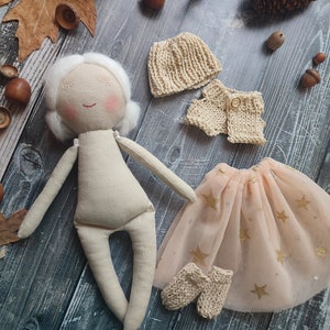 Personalised rag doll with white hair and white eyelashes Handmade fabric doll girl with tulle dress Toddler textile doll image 5