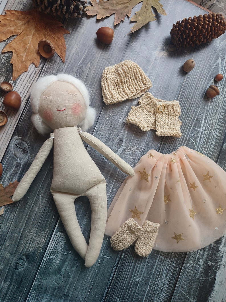 Personalised rag doll with white hair and white eyelashes Handmade fabric doll girl with tulle dress Toddler textile doll image 5