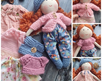 Handmade rag doll girl with clothes Personalised cloth doll with wardrobe Dolls outfit set with fabric doll