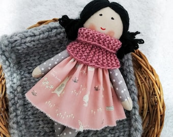 Asian rag doll girl with black hair Personalized cloth doll with clothes Baby first doll handmade
