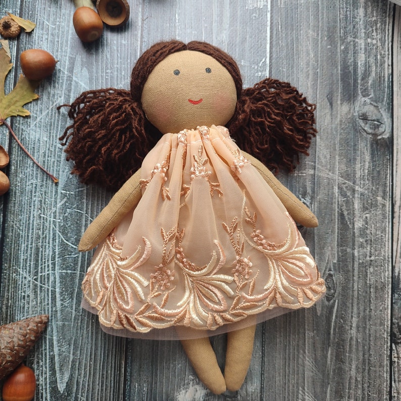 Biracial flower girl doll in beige lace dress Dark skin rag doll for toddlers Black cloth doll girl Asian first baby doll handmade image 7