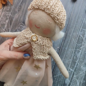 Personalised rag doll with white hair and white eyelashes Handmade fabric doll girl with tulle dress Toddler textile doll image 8