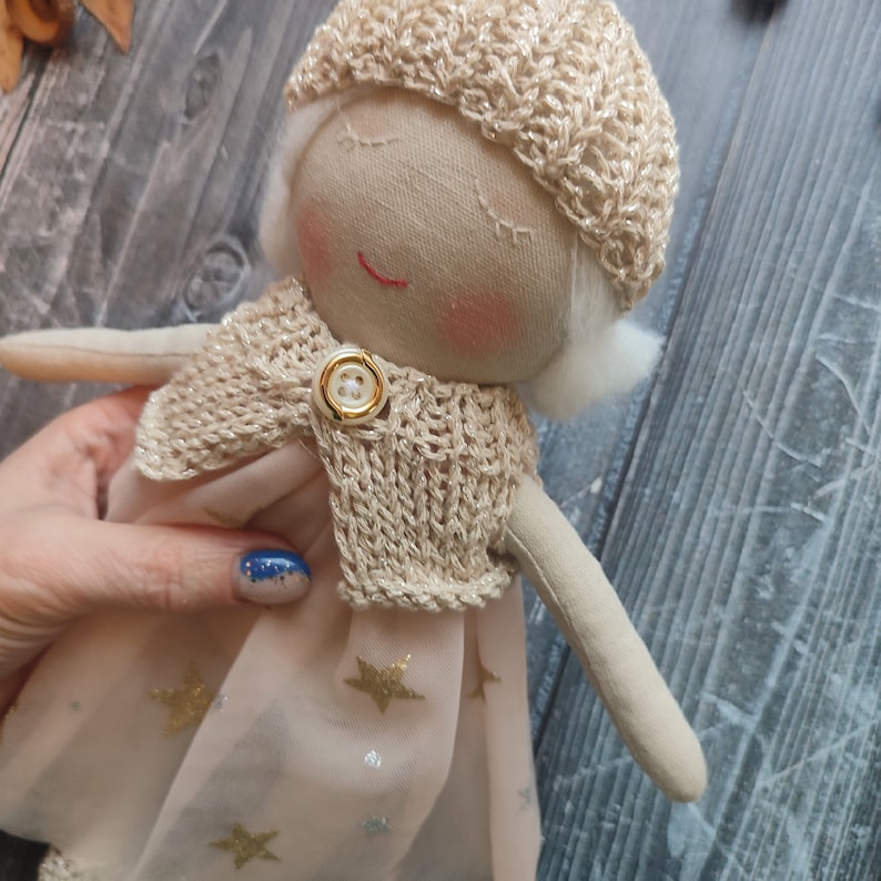 Personalised rag doll with white hair and white eyelashes Handmade fabric doll girl with tulle dress Toddler textile doll image 8