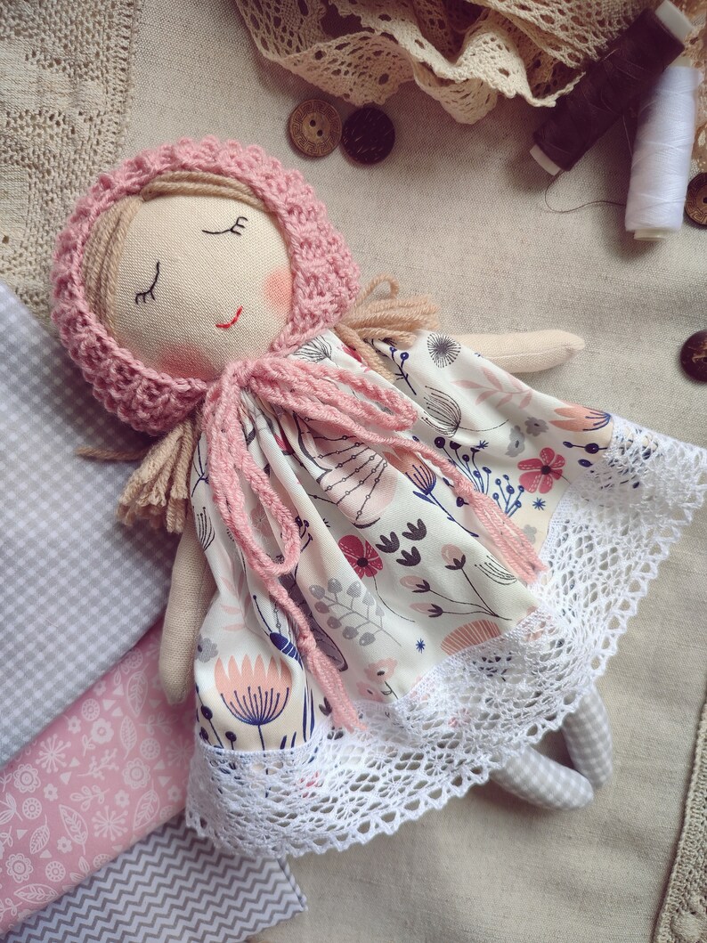 First doll baby bonnet handmade Fabric doll personalized Rag doll girl Soft doll for baby Textile doll Heirloom doll First doll image 2