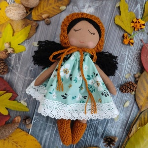 Dark skin American rag doll girl with black wavy hair Asian cloth doll handmade Fabric brown doll personalized African rag first baby doll