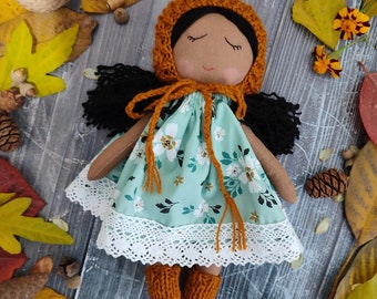 Dark skin American rag doll girl with black wavy hair Asian cloth doll handmade Fabric brown doll personalized African rag first baby doll