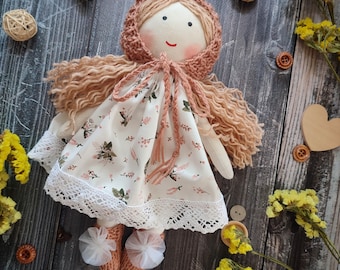 Cute textile doll girl with wavy hair Heirloom rag baby doll personalized Toddler cloth doll one birthday party