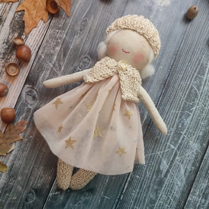 Personalised rag doll with white hair and white eyelashes Handmade fabric doll girl with tulle dress Toddler textile doll image 9