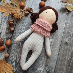 Dark brown hair rag doll girl Handmade first baby doll Textile toddler doll 12 Christmas gift doll for little girls image 6