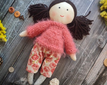 Handmade rag doll girl with knitted sweater and cotton pants Christmas rag doll for granddaughter First baby doll personalized