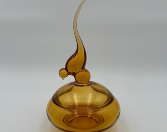 Vintage 1960s Viking Tailed Bird Amber Glass Candy Jar