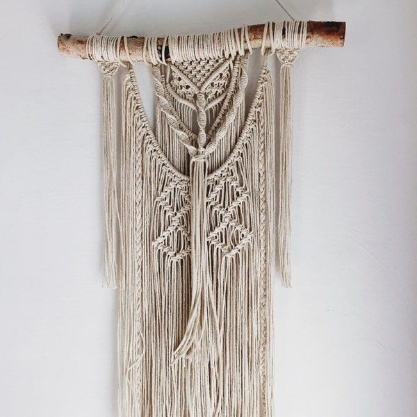 Macrame Wall Hanging on Birch Wood // Textured Fringe Wall Hanging