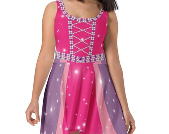May include: A sleeveless pink dress with a bodice featuring a crisscross design and sparkling embellishments. The skirt transitions from pink to purple with vertical stripes and a starry pattern. The dress is knee-length.