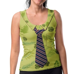 May include: A green tank top with a printed design of a shirt, tie, and pocket. The shirt has a green and white leaf pattern. The tie is black and red striped.