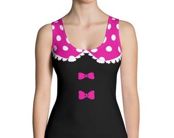 May include: A black tank top with a pink and white polka dot collar and two pink bows.