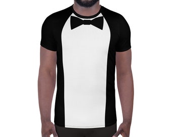 May include: A black and white t-shirt with a black bow tie design. The shirt has a white vertical stripe down the center.