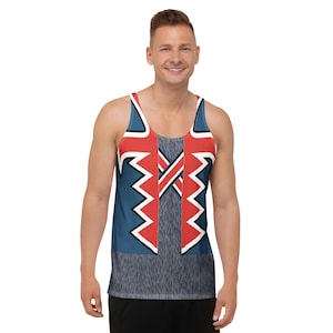 May include: A sleeveless tank top with a blue, red, and white design. The top features a stylized Union Jack design on the shoulders and a textured gray pattern on the torso. The design includes zig-zag and cross-shaped elements.