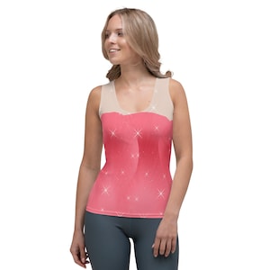 May include: A pink and white tank top with a sparkly design. The tank top has a scoop neck and a relaxed fit.