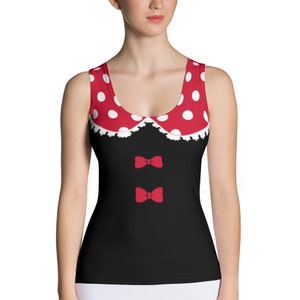 May include: Black tank top with a red and white polka dot collar, red bows, and white lace trim.