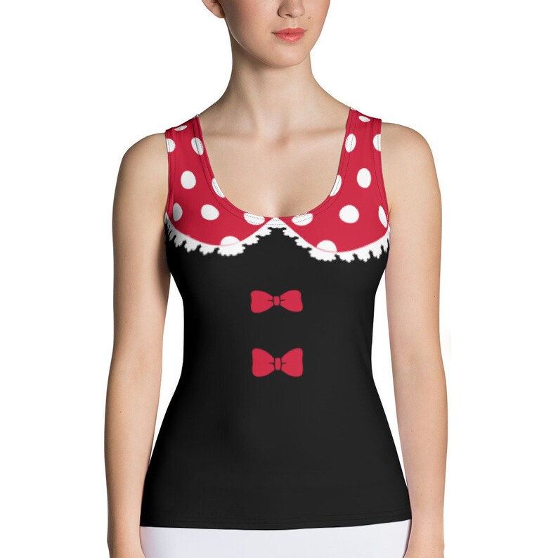 May include: Black tank top with a red and white polka dot collar, red bows, and white lace trim.