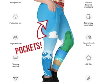 May include: Blue and white leggings with a tropical print featuring a mermaid and waves. The leggings have side pockets, a high waist, and a double-layered waistband.