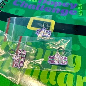 May include: Three purple and green charms with silver rings. Each charm has the number 2025 on it. The charms are in clear plastic bags.