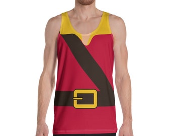 May include: A red sleeveless tank top with a black sash and a yellow collar. The tank top has a gold buckle belt.