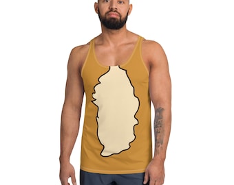 May include: A sleeveless tank top with a cartoon-style image of a brown bear's fur on the front. The tank top is a solid gold color.