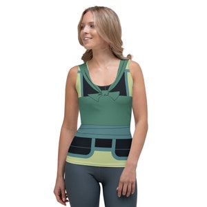 May include: A sleeveless tank top with a green, black, and yellow design. The design features a bow and a belt.