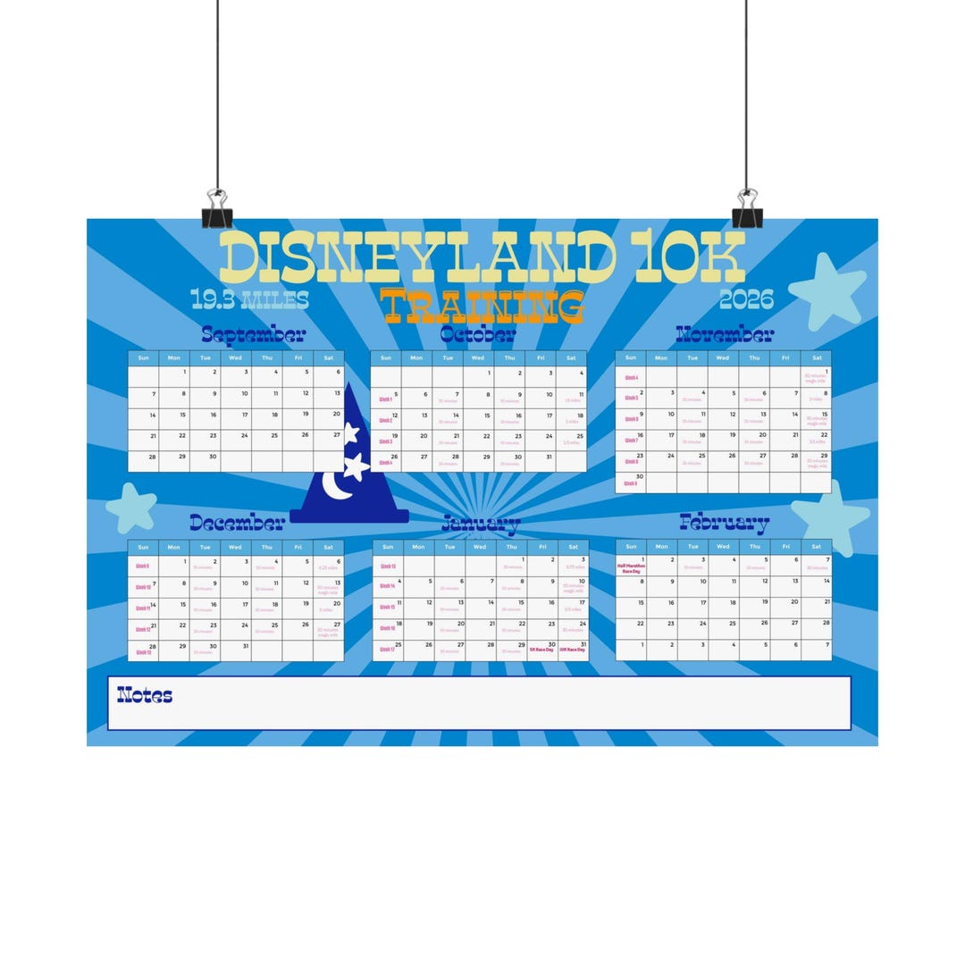 2026 Disneyland 10K Training Calendar Premium Matte Poster WITH Mileage
