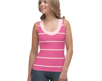 May include: A pink tank top with white horizontal stripes. The tank top has a scoop neck.