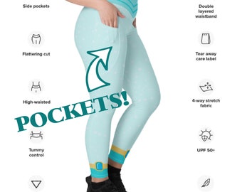 May include: Light blue leggings with a white star pattern and a turquoise waistband. The leggings have side pockets and a high-waisted fit. The text "POCKETS!" is superimposed on the image.