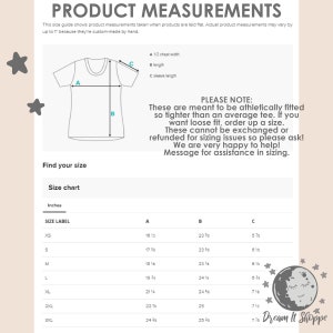 May include: Size chart for a t-shirt with measurements in inches for chest width, length, and sleeve length. Sizes range from XS to 3XL. The chart includes the text "Please Note: These are meant to be athletically fitted so tighter than an average tee. If you want loose fit, order up a size. These cannot be exchanged or refunded for sizing issues so please ask! We are very happy to help! Message for assistance in sizing."