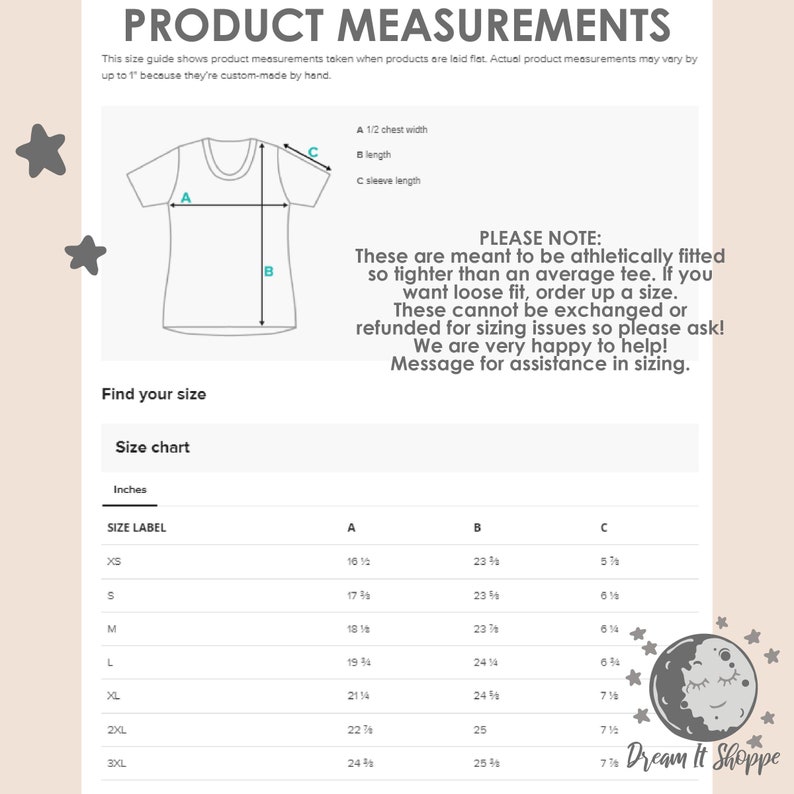 May include: Size chart for a t-shirt with measurements in inches for chest width, length, and sleeve length. Sizes range from XS to 3XL. The chart includes the text "Please Note: These are meant to be athletically fitted so tighter than an average tee. If you want loose fit, order up a size. These cannot be exchanged or refunded for sizing issues so please ask! We are very happy to help! Message for assistance in sizing."