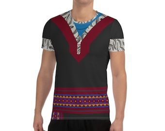 May include: Black short-sleeved shirt with a red and white patterned design. The shirt has a V-neck and a band of geometric patterns around the waist.