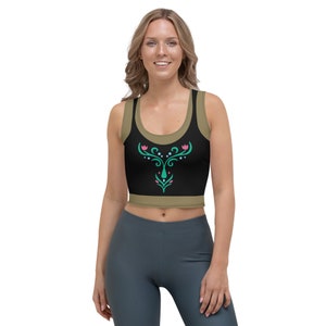 May include: A black and brown crop top with a green and pink floral design. The design is inspired by the character Anna from the movie Frozen.