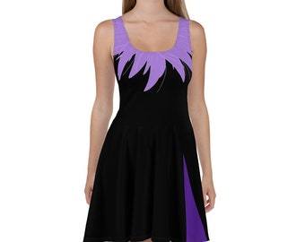 May include: A black skater dress with a purple floral design on the bodice and a purple panel on the side. The dress has a scoop neck and sleeveless design.