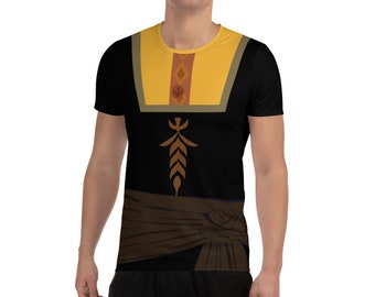 May include: Black t-shirt with a yellow and brown design inspired by a popular animated film. The design features a stylized pattern and a brown belt.