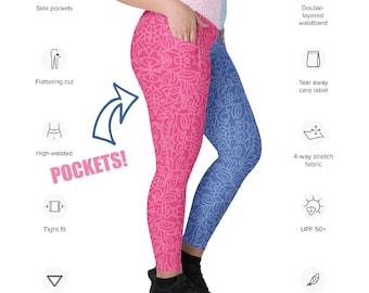 May include: Pink and blue patterned leggings with side pockets, a high-waisted fit, and a double-layered waistband. The leggings have a flattering cut and a triangle gusset. The fabric is 4-way stretch and has a tear-away care label. The leggings have a tight fit and offer UPF 50+ sun protection.