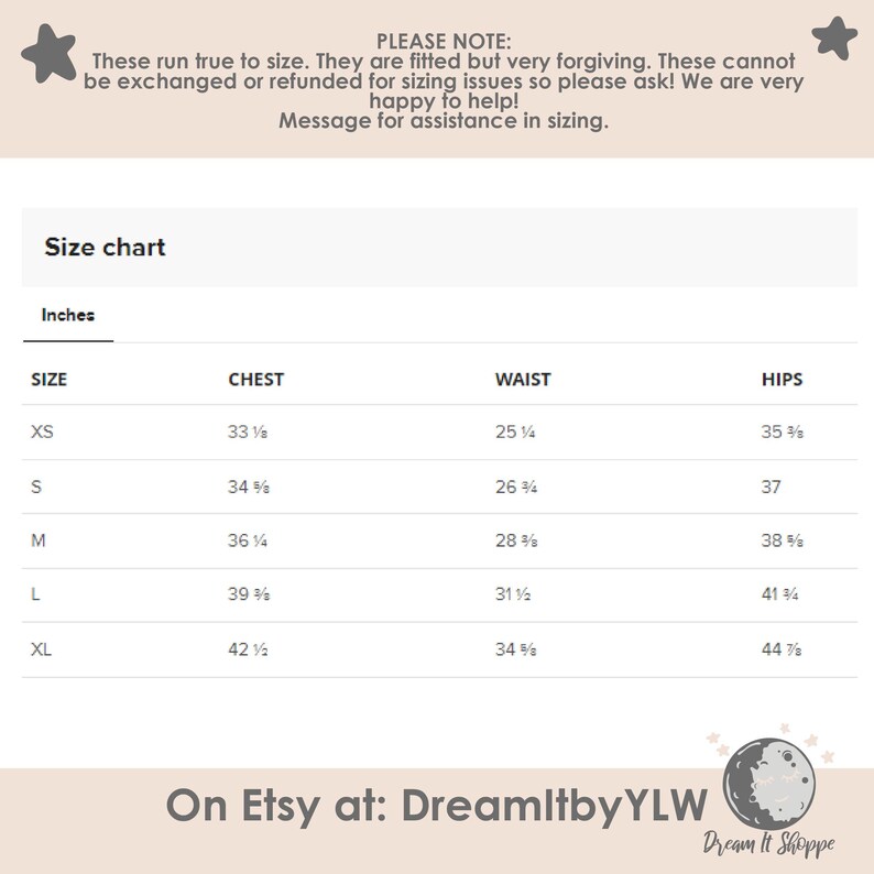 May include: Size chart for clothing in inches. The chart shows chest, waist, and hip measurements for sizes XS, S, M, L, and XL.
