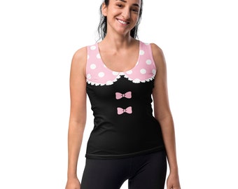 May include: A black tank top with a pink and white polka dot collar and two pink bows. The tank top has a scoop neck and sleeveless design.