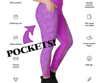 May include: High-waisted leggings in vibrant pink and lavender with a decorative floral pattern. Features include side pockets, a double-layered waistband, and a 4-way stretch fabric. The leggings also have a UPF 50+ rating and a comfortable, secure fit.