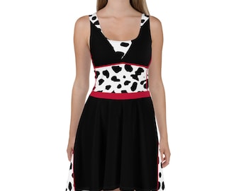 May include: A black skater dress with a white and black dalmatian print band around the waist. The dress has red trim around the neckline, waist, and hem.