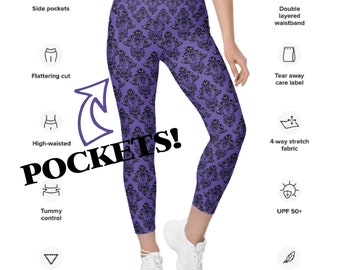 May include: Purple leggings with a black and white pattern of ghosts. The leggings have a high-waisted fit, side pockets, and a double-layered waistband. The leggings are made of a 4-way stretch fabric and have a tear-away care label.