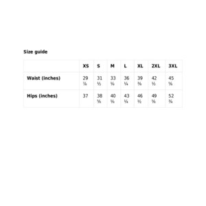 May include: Size guide chart for clothing with measurements in inches. The chart shows sizes XS through 3XL with corresponding waist and hip measurements.